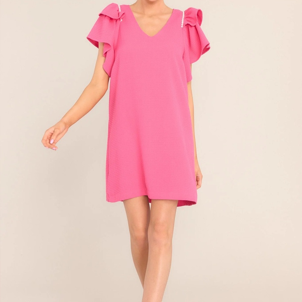entro Hot Pink V-Neck Mini Dress with Ruffle Shoulder Bows